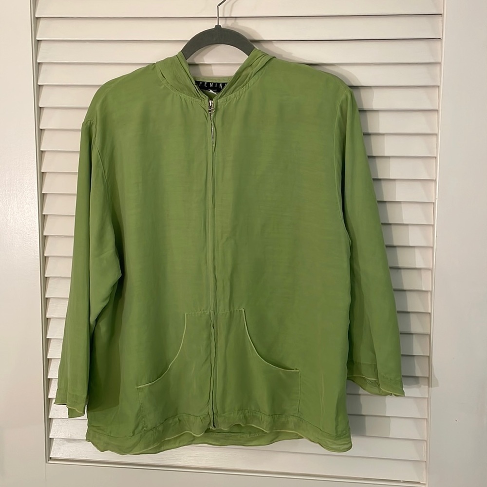 Fenini Vintage Silky Feel Hooded Zipper Front Lime Green Jacket
